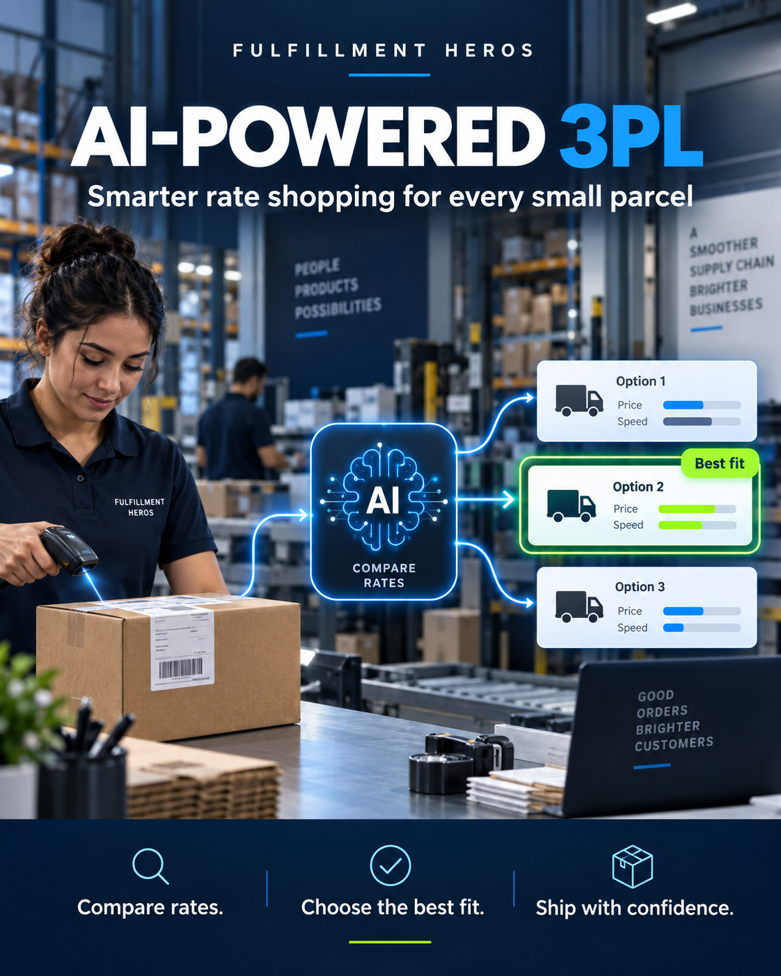 Illustration of a small parcel moving through an AI-assisted comparison of shipping options